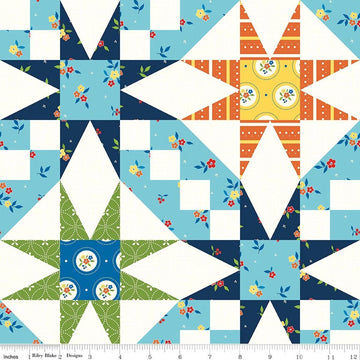 Image of Summer's in Town Cheater Print Multi quilting cotton fabric by Sandy Gervais for Riley Blake Designs. Features printed quilt blocks on a white background. Cute Little Fabric Shop.