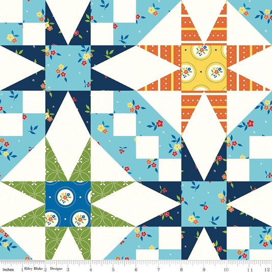 Image of Summer's in Town Cheater Print Multi quilting cotton fabric by Sandy Gervais for Riley Blake Designs. Features printed quilt blocks on a white background. Cute Little Fabric Shop.