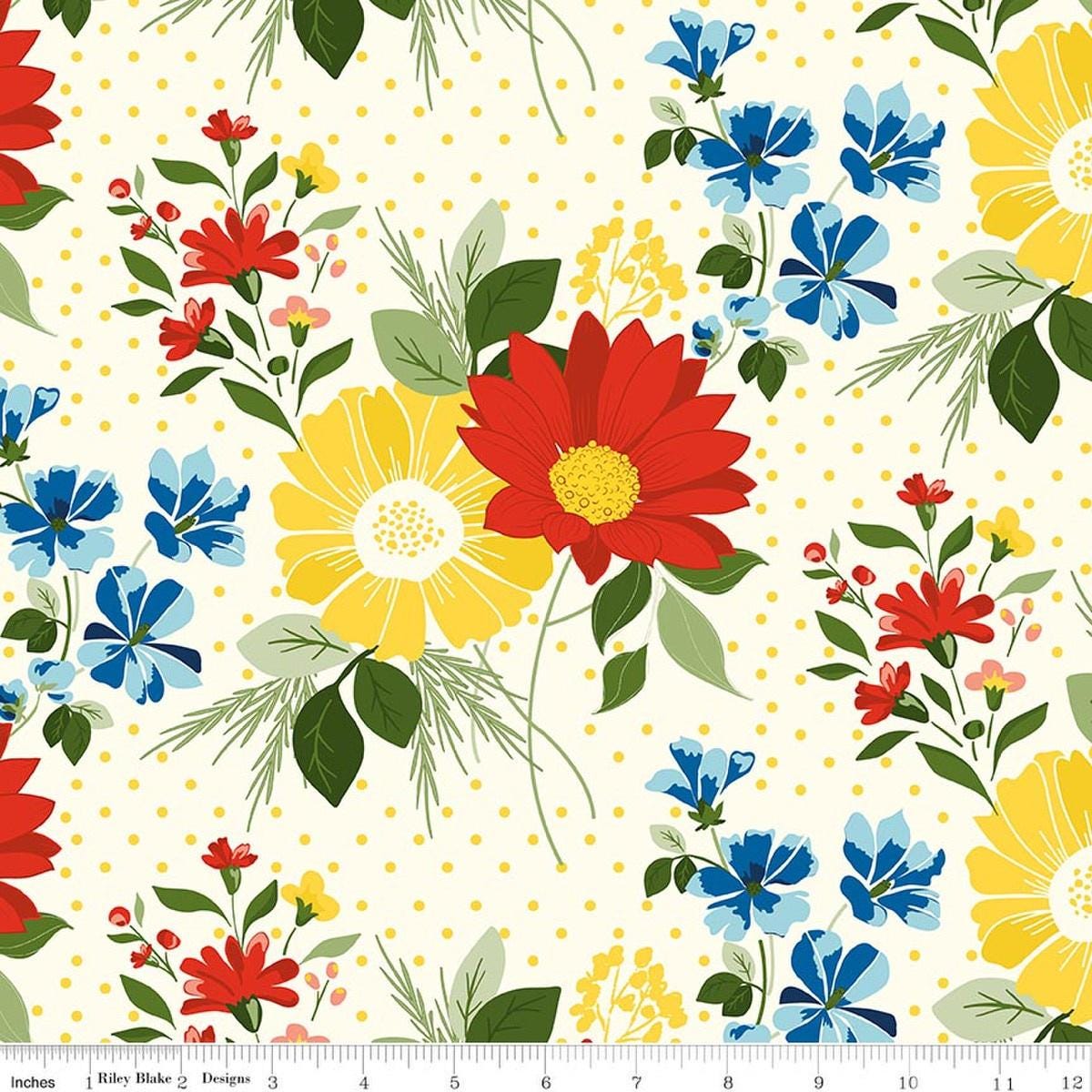 Image of Summer's in Town Main Cream quilting cotton fabric by Sandy Gervais for Riley Blake Designs. Features flowers on a cream background. Cute Little Fabric Shop.