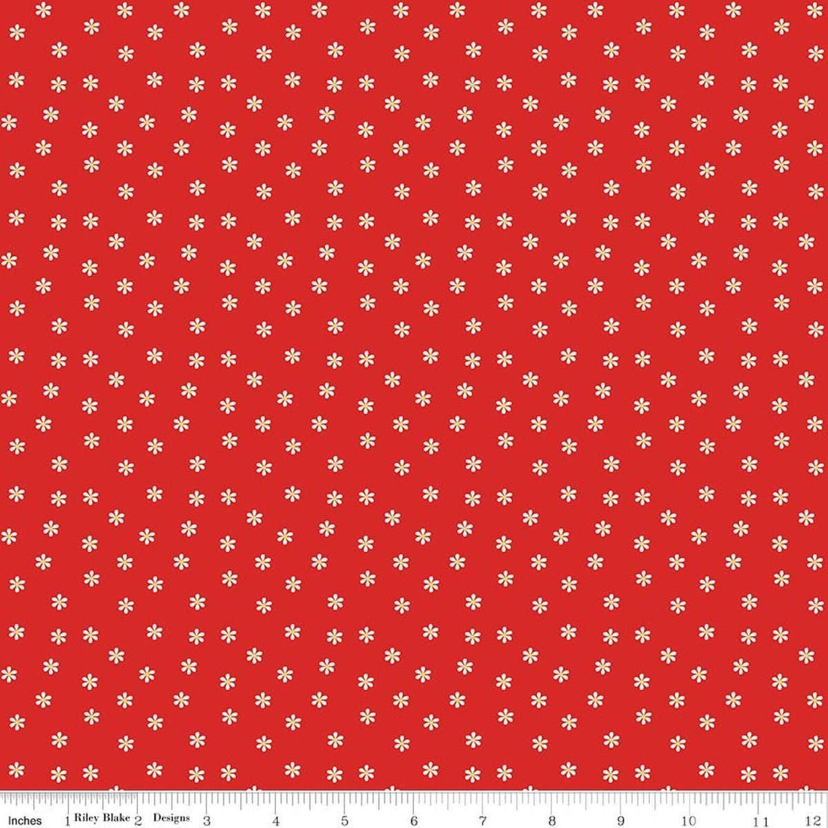 Image of Summer's in Town Daisies Red quilting cotton fabric by Sandy Gervais for Riley Blake Designs. Features flowers on a red background. Cute Little Fabric Shop.