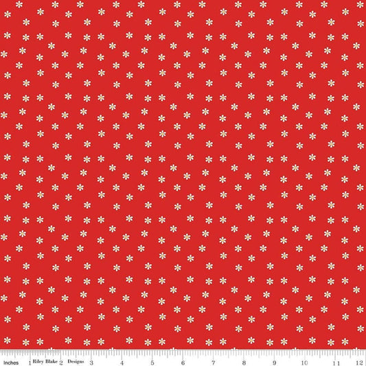 Image of Summer's in Town Daisies Red quilting cotton fabric by Sandy Gervais for Riley Blake Designs. Features flowers on a red background. Cute Little Fabric Shop.