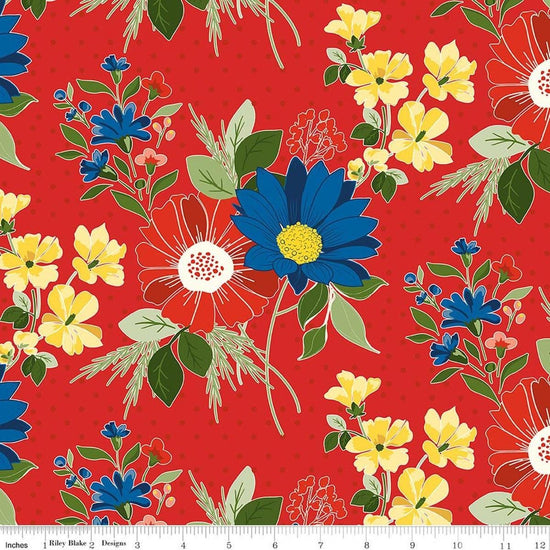 Image of Summer's in Town Main Red quilting cotton fabric by Sandy Gervais for Riley Blake Designs. Features flowers on a red background. Cute Little Fabric Shop.