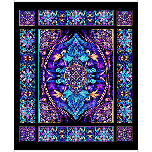 Royale Stained Glass Panel Black Floral Fabric - 31824 - QT Fabrics Quilting Cotton Fabric