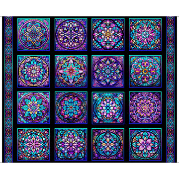 Royale Stained Glass Patches Panel Black Floral Fabric - 31825 - QT Fabrics Quilting Cotton Fabric