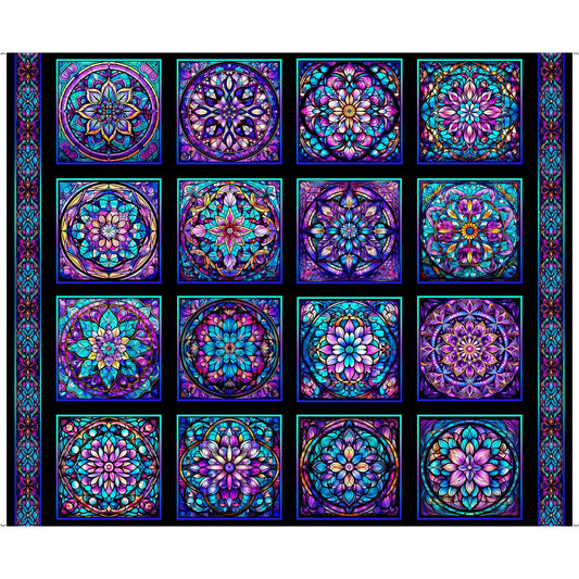 Royale Stained Glass Patches Panel Black Floral Fabric - 31825 - QT Fabrics Quilting Cotton Fabric