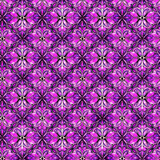 Image of Royale Geo Trellis Magenta quilting cotton fabric by Dan Morris for QT Fabrics. Features a geometric pattern on a purple background. Cute Little Fabric Shop.