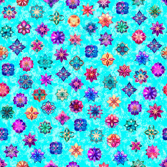 Image of Royale Ditzy Turquoise quilting cotton fabric by Dan Morris for QT Fabrics. Features flowers on a blue background. Cute Little Fabric Shop.