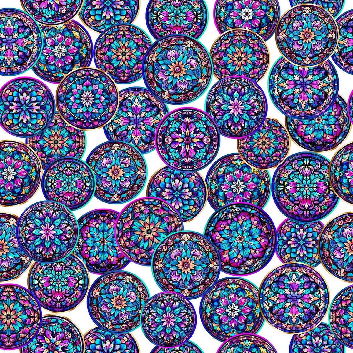Image of Royale Stained Glass Circles White quilting cotton fabric by Dan Morris for QT Fabrics. Features a geometric pattern on a white background. Cute Little Fabric Shop.