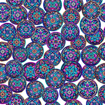 Image of Royale Stained Glass Circles White quilting cotton fabric by Dan Morris for QT Fabrics. Features a geometric pattern on a white background. Cute Little Fabric Shop.