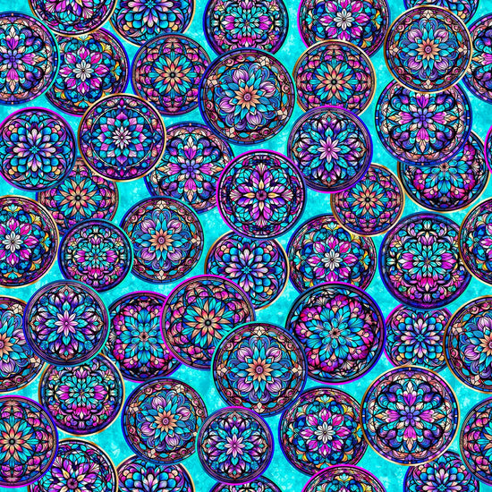 Image of Royale Stained Glass Circles Turquoise quilting cotton fabric by Dan Morris for QT Fabrics. Features a geometric pattern on a blue background. Cute Little Fabric Shop.