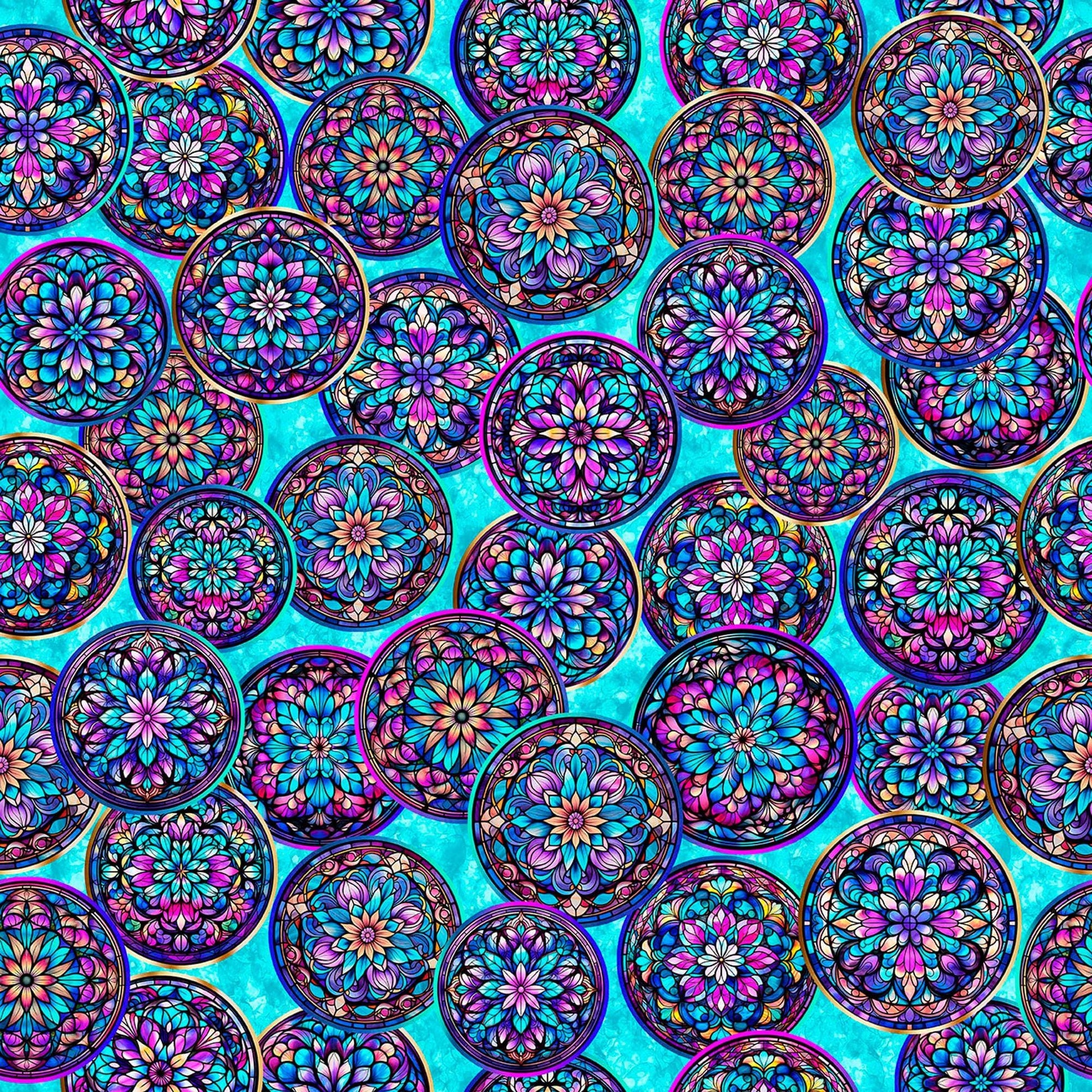 Image of Royale Stained Glass Circles Turquoise quilting cotton fabric by Dan Morris for QT Fabrics. Features a geometric pattern on a blue background. Cute Little Fabric Shop.