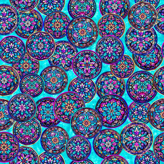 Image of Royale Stained Glass Circles Turquoise quilting cotton fabric by Dan Morris for QT Fabrics. Features a geometric pattern on a blue background. Cute Little Fabric Shop.