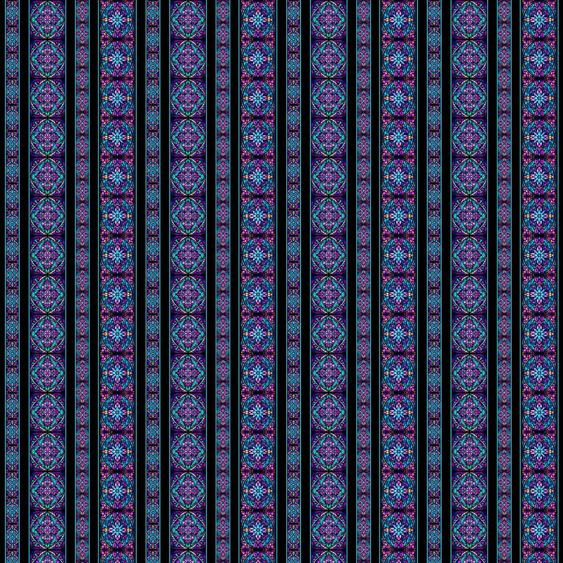 Image of Royale Stained Glass Border Stripe Black quilting cotton fabric by Dan Morris for QT Fabrics. Features stripes on a black background. Cute Little Fabric Shop.