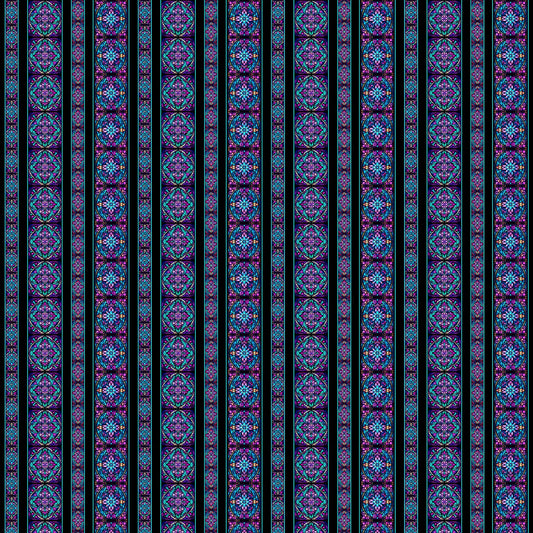Image of Royale Stained Glass Border Stripe Black quilting cotton fabric by Dan Morris for QT Fabrics. Features stripes on a black background. Cute Little Fabric Shop.