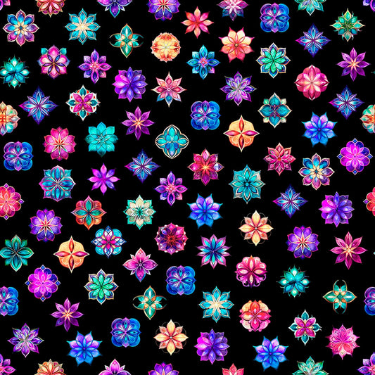 Image of Royale Ditzy Black quilting cotton fabric by Dan Morris for QT Fabrics. Features flowers on a black background. Cute Little Fabric Shop.