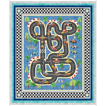 Turbo Tykes Racetrack Playmat Panel Blue Car Fabric - 31753 - QT Fabrics Quilting Cotton Fabric