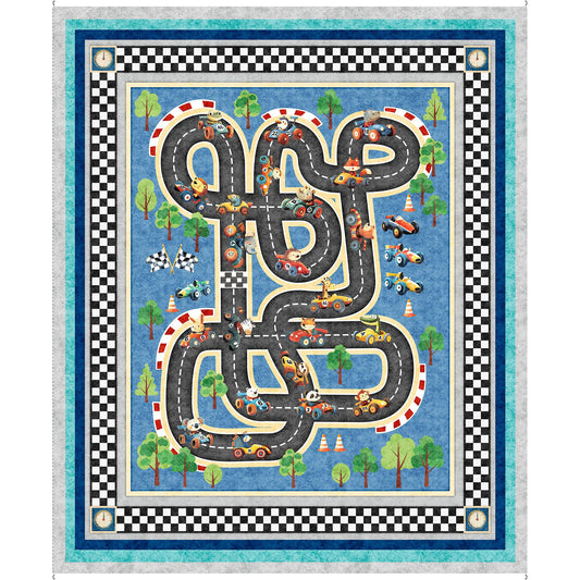 Turbo Tykes Racetrack Playmat Panel Blue Car Fabric - 31753 - QT Fabrics Quilting Cotton Fabric