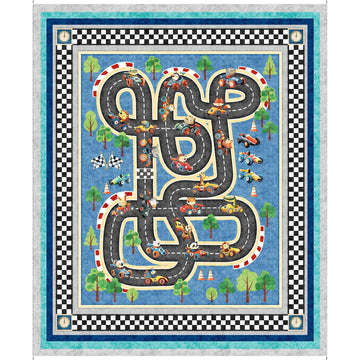 Turbo Tykes Racetrack Playmat Panel Blue Car Fabric - 31753 - QT Fabrics Quilting Cotton Fabric