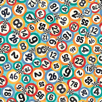 Image of Turbo Tykes Numbers Light Turquoise quilting cotton fabric by Morris Creative Group for QT Fabrics. Features numbers on a blue background. Cute Little Fabric Shop.