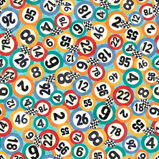 Image of Turbo Tykes Numbers Light Turquoise quilting cotton fabric by Morris Creative Group for QT Fabrics. Features numbers on a blue background. Cute Little Fabric Shop.