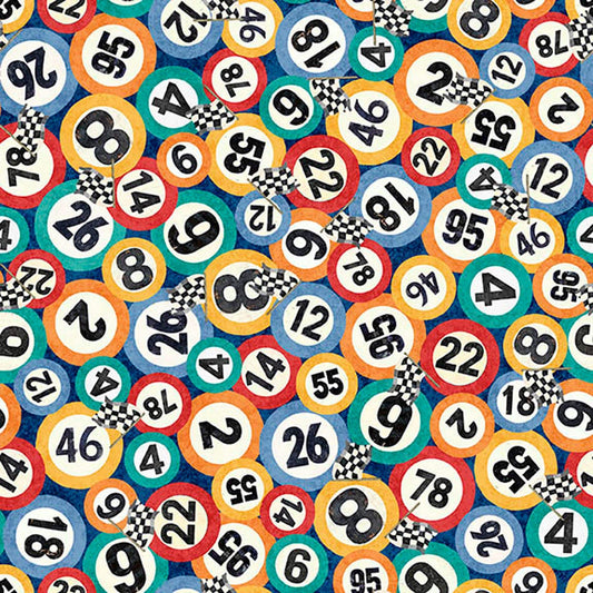 Image of Turbo Tykes Numbers Navy quilting cotton fabric by Morris Creative Group for QT Fabrics. Features numbers on a blue background. Cute Little Fabric Shop.