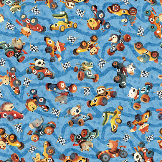 Image of Turbo Tykes Animal Race Car Toss Blue quilting cotton fabric by Morris Creative Group for QT Fabrics. Features racecars on a blue background. Cute Little Fabric Shop.