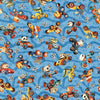 Image of Turbo Tykes Animal Race Car Toss Blue quilting cotton fabric by Morris Creative Group for QT Fabrics. Features racecars on a blue background. Cute Little Fabric Shop.