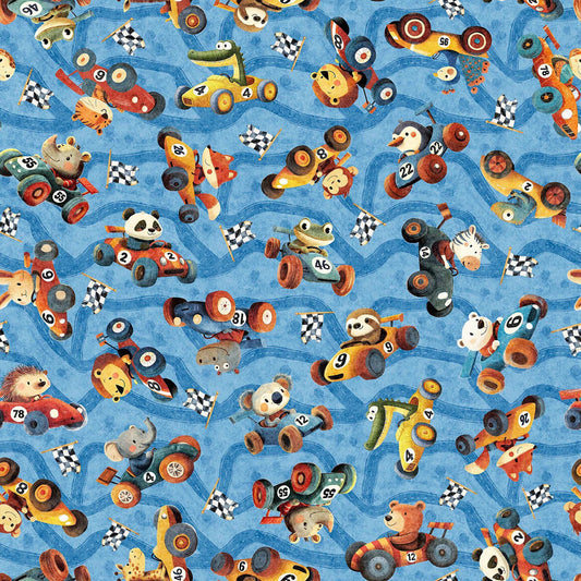 Image of Turbo Tykes Animal Race Car Toss Blue quilting cotton fabric by Morris Creative Group for QT Fabrics. Features racecars on a blue background. Cute Little Fabric Shop.