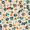 Image of Turbo Tykes Racetrack Gear Cream quilting cotton fabric by Morris Creative Group for QT Fabrics. Features racecars on a cream background. Cute Little Fabric Shop.