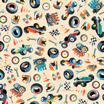 Image of Turbo Tykes Racetrack Gear Cream quilting cotton fabric by Morris Creative Group for QT Fabrics. Features racecars on a cream background. Cute Little Fabric Shop.
