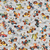 Image of Turbo Tykes Animal Race Car Toss Gray quilting cotton fabric by Morris Creative Group for QT Fabrics. Features racecars on a gray background. Cute Little Fabric Shop.
