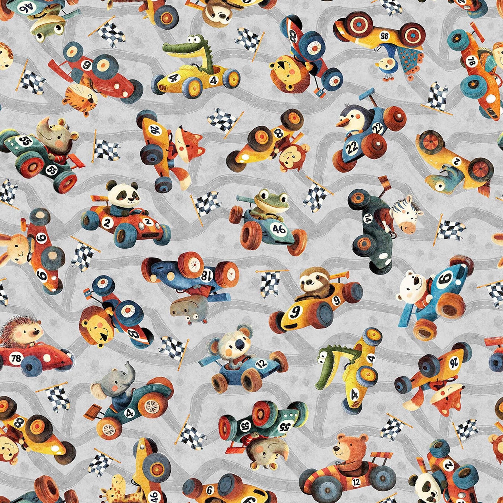 Image of Turbo Tykes Animal Race Car Toss Gray quilting cotton fabric by Morris Creative Group for QT Fabrics. Features racecars on a gray background. Cute Little Fabric Shop.