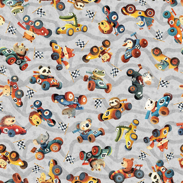 Image of Turbo Tykes Animal Race Car Toss Gray quilting cotton fabric by Morris Creative Group for QT Fabrics. Features racecars on a gray background. Cute Little Fabric Shop.