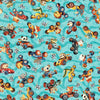 Image of Turbo Tykes Animal Race Car Toss Turquoise quilting cotton fabric by Morris Creative Group for QT Fabrics. Features racecars on a blue background. Cute Little Fabric Shop.