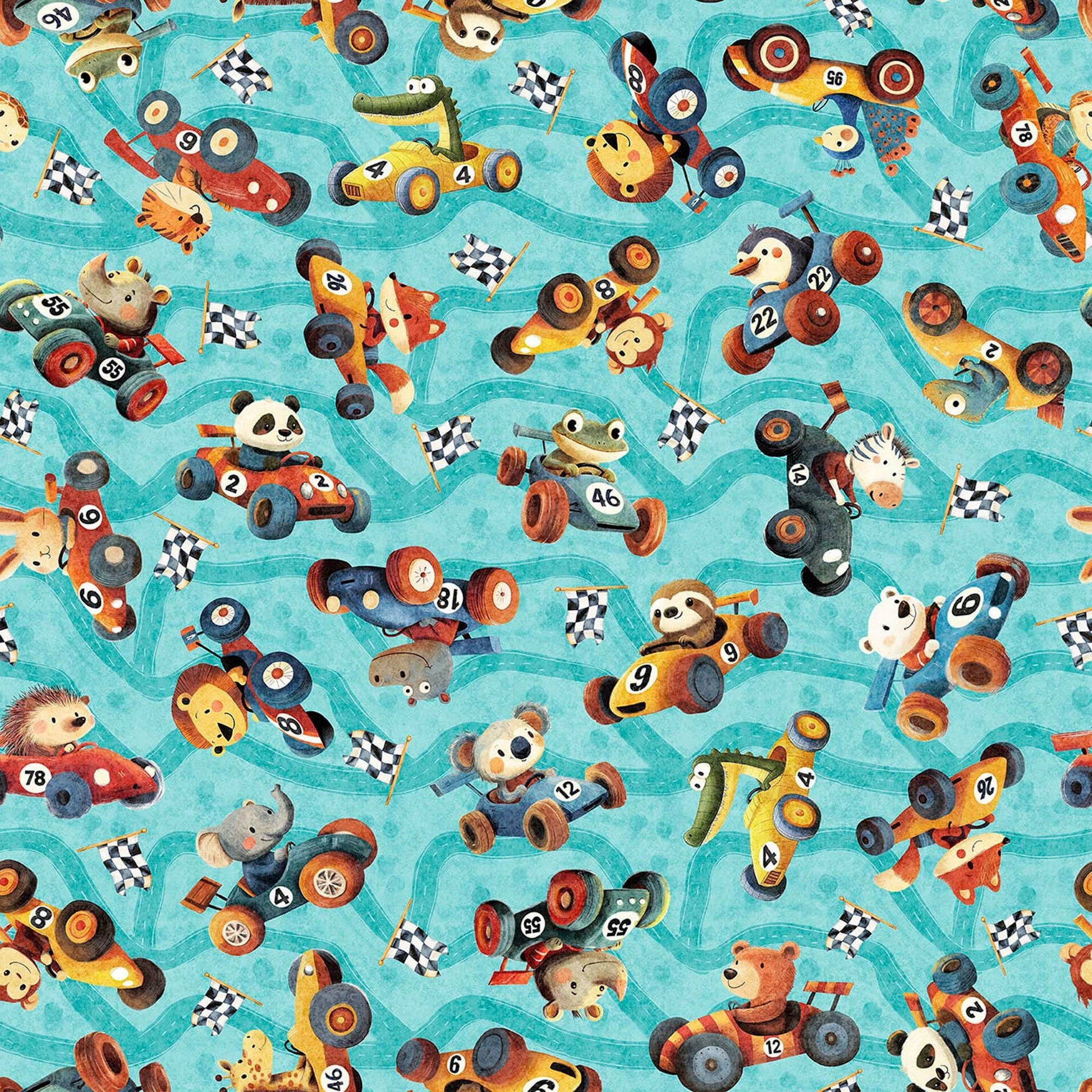 Image of Turbo Tykes Animal Race Car Toss Turquoise quilting cotton fabric by Morris Creative Group for QT Fabrics. Features racecars on a blue background. Cute Little Fabric Shop.