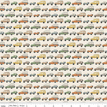 Image of Leo & Savannah Rovers Cream quilting cotton fabric by Deena Rutter for Riley Blake Designs. Features cars on a cream background. Cute Little Fabric Shop.