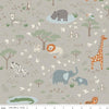 Image of Leo & Savannah Main Gray quilting cotton fabric by Deena Rutter for Riley Blake Designs. Features animals on a gray background. Cute Little Fabric Shop.