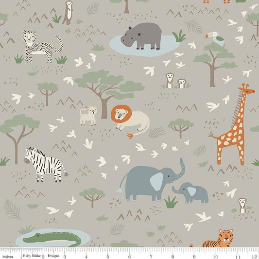 Image of Leo & Savannah Main Gray quilting cotton fabric by Deena Rutter for Riley Blake Designs. Features animals on a gray background. Cute Little Fabric Shop.