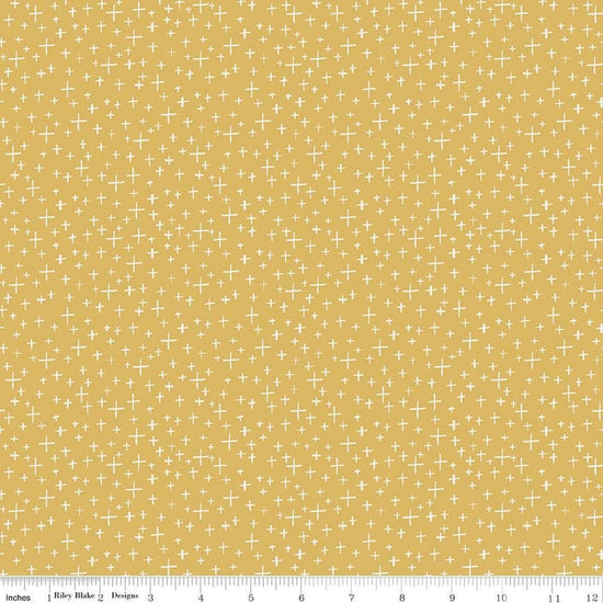 Image of Leo & Savannah Criss Cross Yellow quilting cotton fabric by Deena Rutter for Riley Blake Designs. Features crosses on a yellow background. Cute Little Fabric Shop.