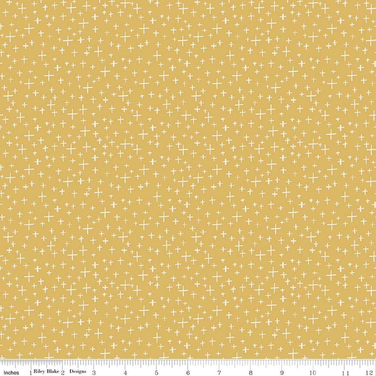 Image of Leo & Savannah Criss Cross Yellow quilting cotton fabric by Deena Rutter for Riley Blake Designs. Features crosses on a yellow background. Cute Little Fabric Shop.