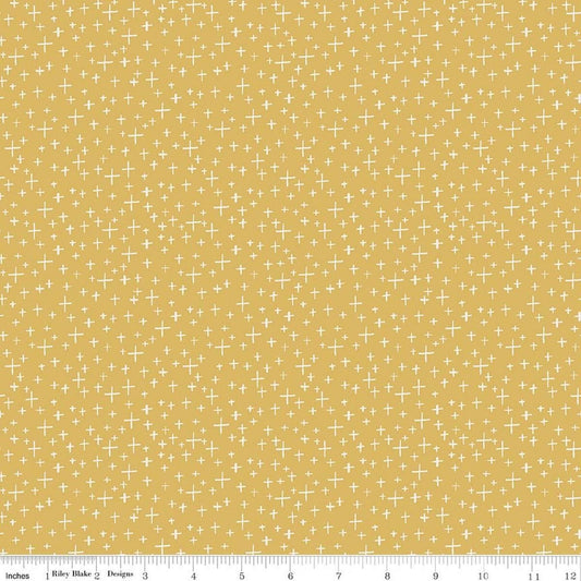 Image of Leo & Savannah Criss Cross Yellow quilting cotton fabric by Deena Rutter for Riley Blake Designs. Features crosses on a yellow background. Cute Little Fabric Shop.