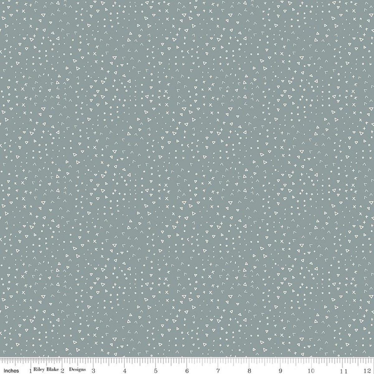 Image of Leo & Savannah Terrain Blue quilting cotton fabric by Deena Rutter for Riley Blake Designs. Features shapes on a gray background. Cute Little Fabric Shop.