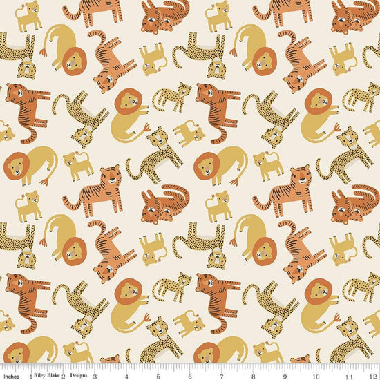 Image of Leo & Savannah Animal Toss Cream quilting cotton fabric by Deena Rutter for Riley Blake Designs. Features cats on a cream background. Cute Little Fabric Shop.