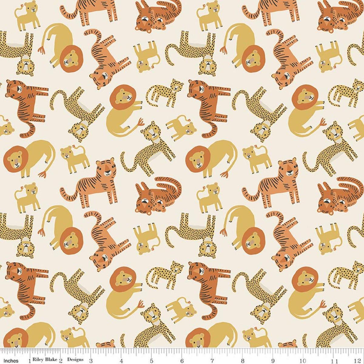 Image of Leo & Savannah Animal Toss Cream quilting cotton fabric by Deena Rutter for Riley Blake Designs. Features cats on a cream background. Cute Little Fabric Shop.