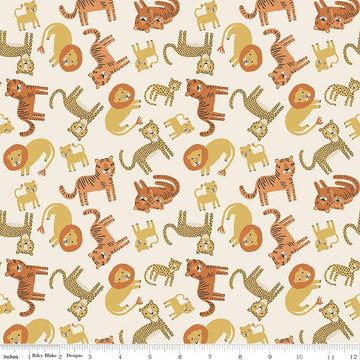 Image of Leo & Savannah Animal Toss Cream quilting cotton fabric by Deena Rutter for Riley Blake Designs. Features cats on a cream background. Cute Little Fabric Shop.