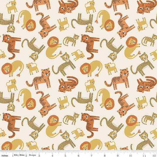 Image of Leo & Savannah Animal Toss Cream quilting cotton fabric by Deena Rutter for Riley Blake Designs. Features cats on a cream background. Cute Little Fabric Shop.