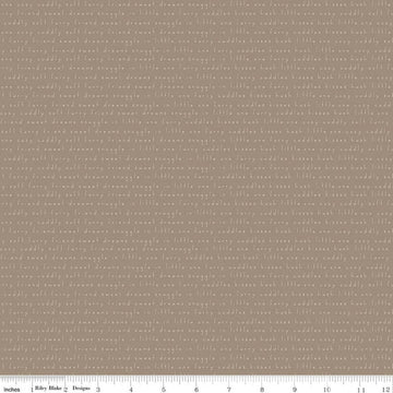 Image of Leo & Savannah Text Taupe quilting cotton fabric by Deena Rutter for Riley Blake Designs. Features words on a brown background. Cute Little Fabric Shop.
