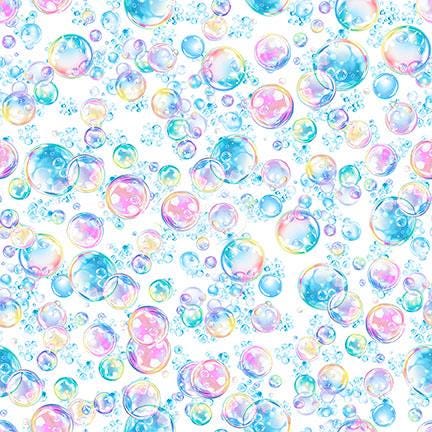Image of QT Cuties 3 Bubbles White quilting cotton fabric by Morris Creative Group for QT Fabrics. Features bubbles on a white background. Cute Little Fabric Shop.