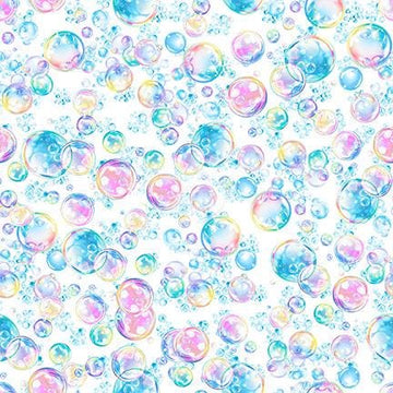 Image of QT Cuties 3 Bubbles White quilting cotton fabric by Morris Creative Group for QT Fabrics. Features bubbles on a white background. Cute Little Fabric Shop.