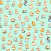 Image of QT Cuties 3 Bunnies & Chicks in Teacups Light Aqua quilting cotton fabric by Morris Creative Group for QT Fabrics. Features rabbits and chicks on a blue background. Cute Little Fabric Shop.